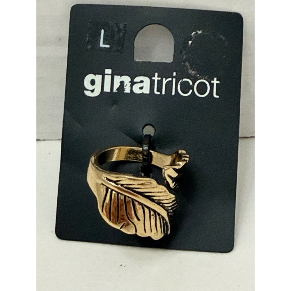 Gina Tricot Gold Tone Leaf Bypass Ring Size L Feather Boho Statement Jewelry